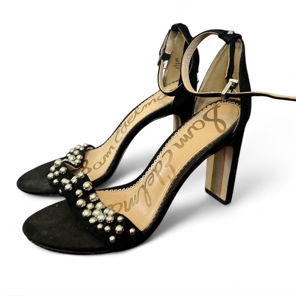 Sam Edelaman Black Yoshi Suede Leather Studded Ankle Strap Heels - Picture 1 of 6